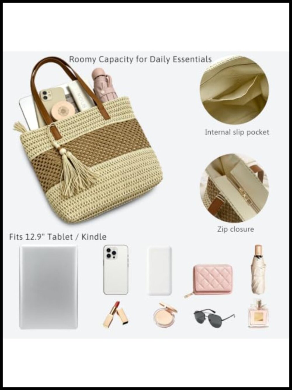Straw Beach Tote Bag for Women Woven Shoulder Purse with Zip - Picture 3 of 6